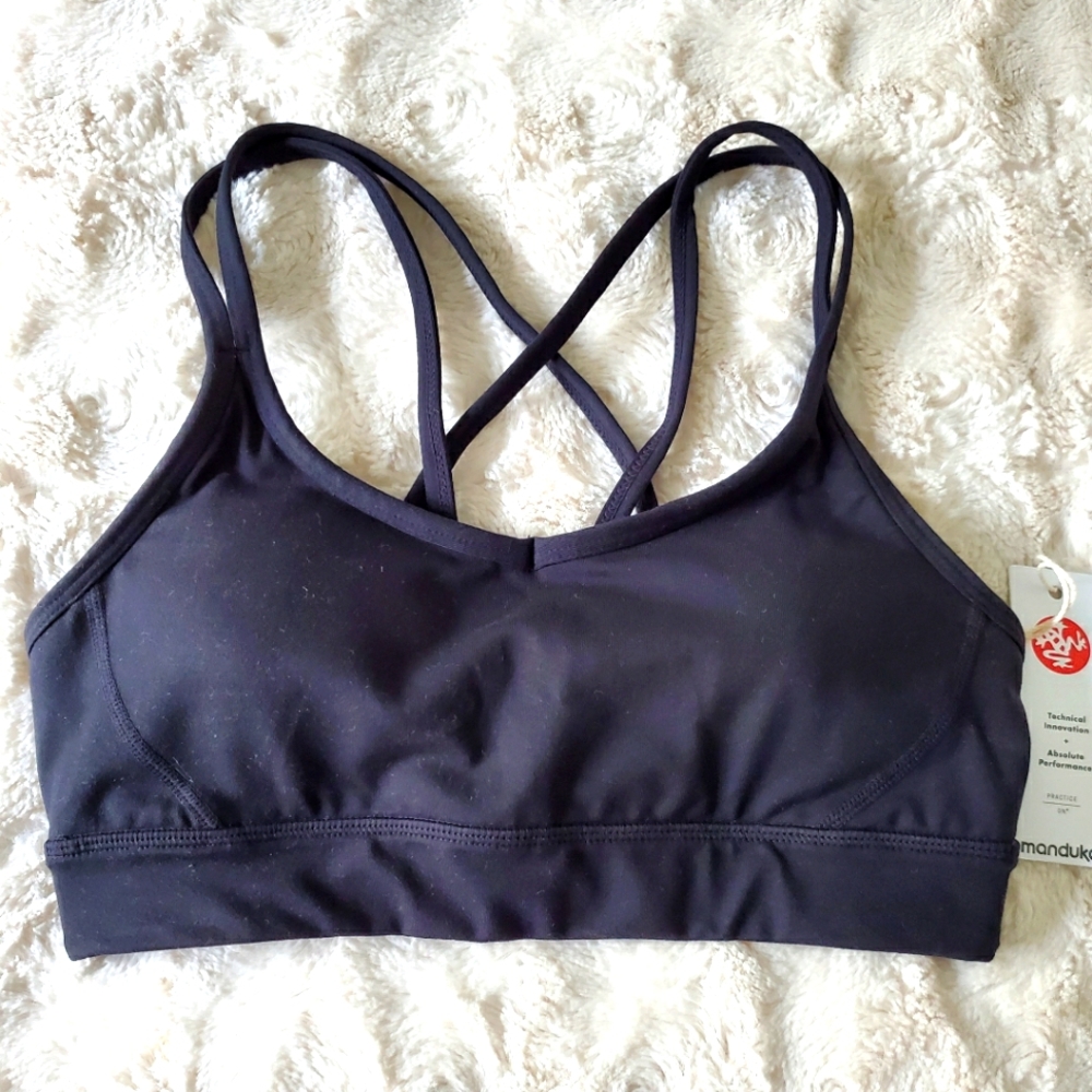 Manduka Cross Strap Black Bra & EQUA Yoga Hand Towel.